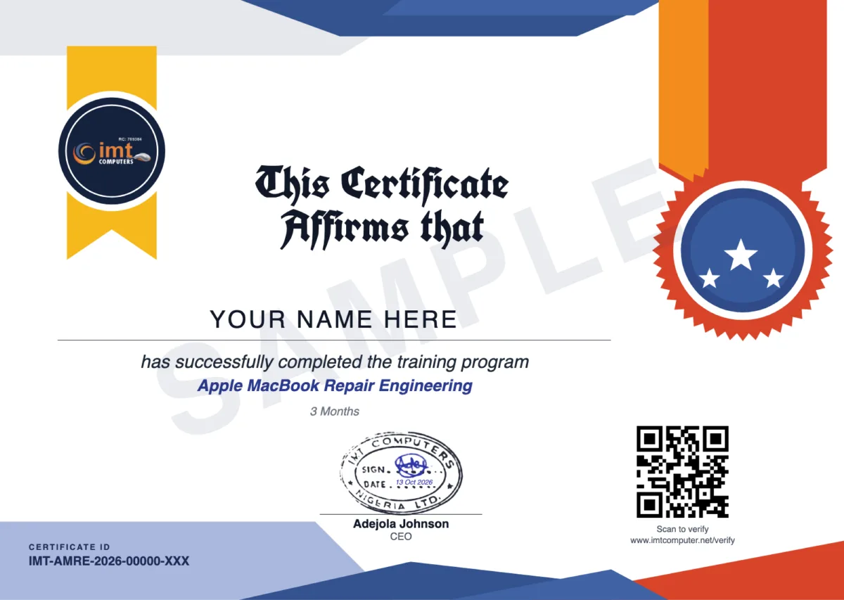 Sample IMT Computers certificate for Apple MacBook Repair Engineering, showing the course title and 3 Months duration, the official stamp and signature, a Certificate ID and a QR code