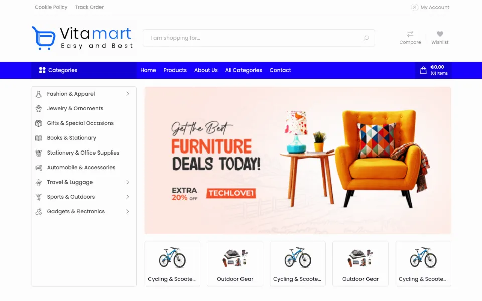 Home page of the Vitamart online store with a category menu, search box, compare, wishlist and cart
