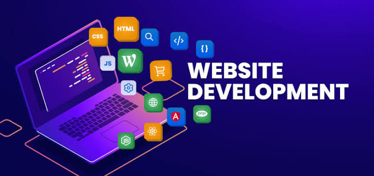 Illustration of a laptop surrounded by web technology icons, with the words 'Website Development'