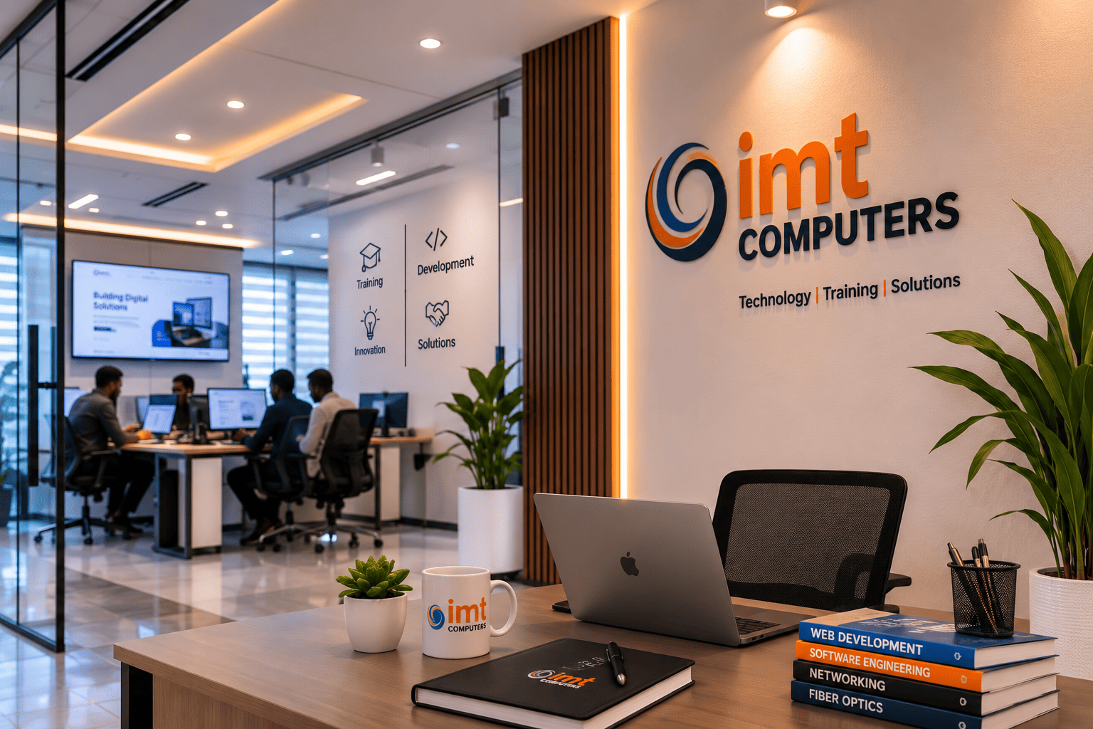 Office with the IMT Computers logo on the wall, a laptop and training books on a desk, and staff working at computers in the background