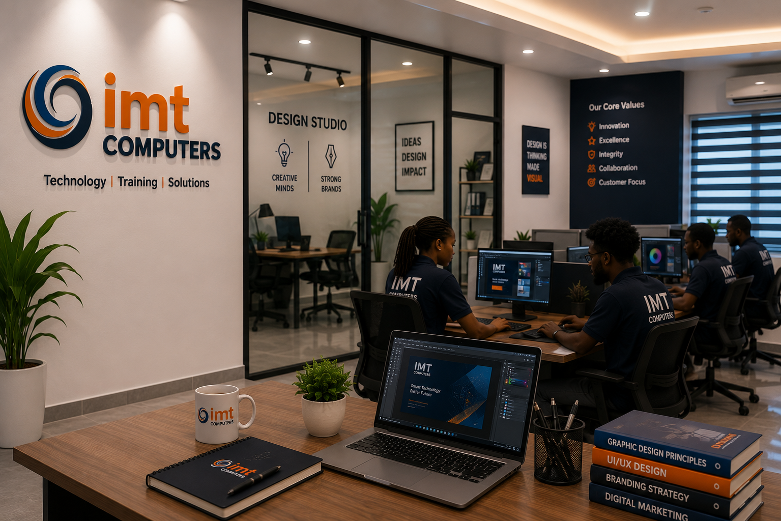 Staff in IMT Computers shirts working at computers in a glass-walled design studio, with a laptop and books on a desk in the foreground