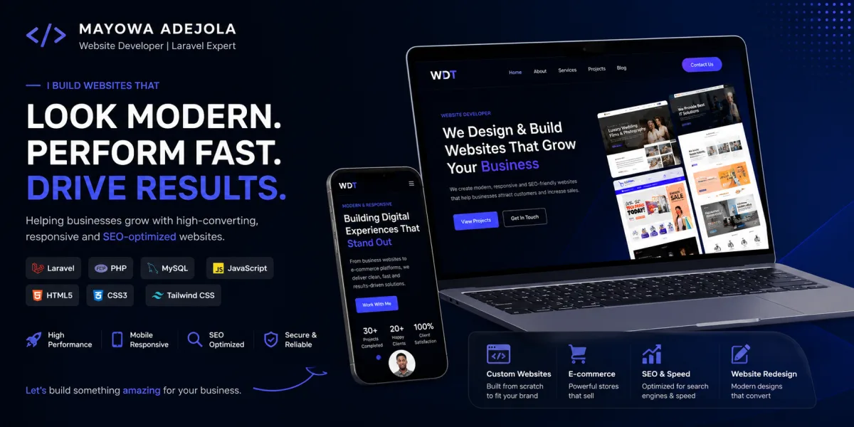 Website design banner showing a business website on a laptop and a phone, with the text 'Look modern. Perform fast. Drive results.'