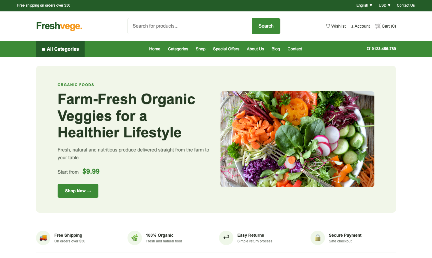 Screenshot of Freshvege: Organic Grocery Store E-commerce Website, a student project from the HTML, CSS & JavaScript course at IMT Computers